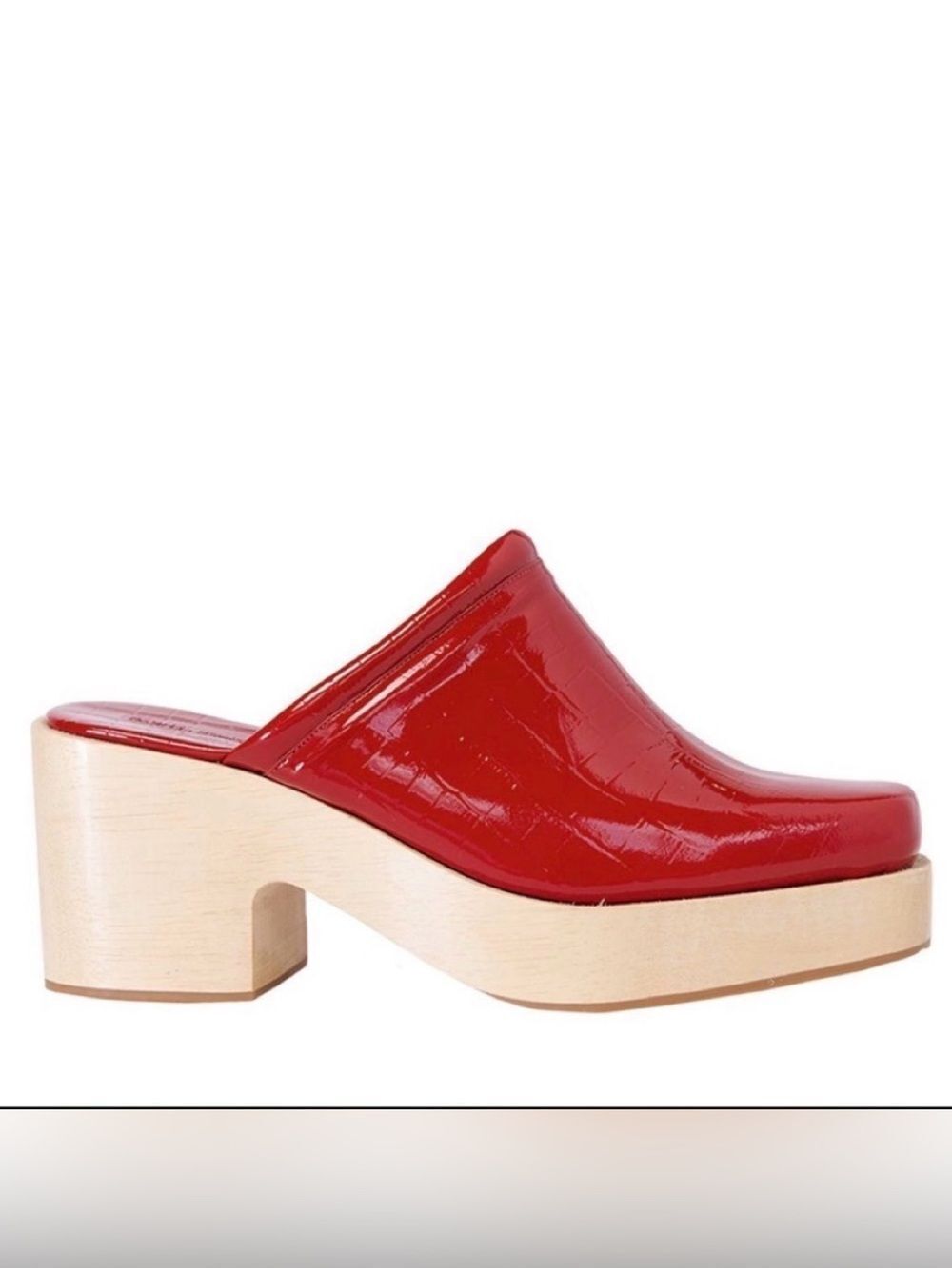 Rachel Comey Salta Clog red patent leather square toe wooden platform Clog